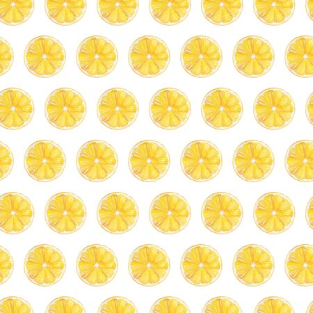 Watercolor hand drawn seamless pattern with yellow lemon fruit slices. Can be used for printing on fabric and bag, decoration, wallpaper.の写真素材