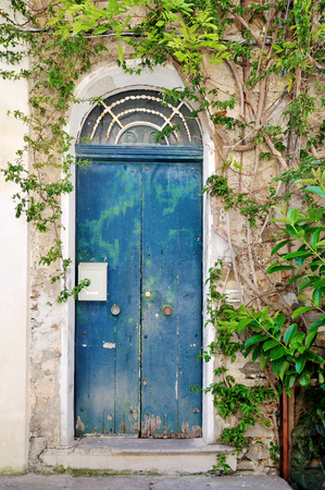 Ancient vintage door decorated with green leaves in Acciaroli, province of Salerno, Italyの写真素材