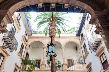 Palermo, capital of Sicily, Italy. Courtyard of the palace with beautiful architecture in Palermoのeditorial素材