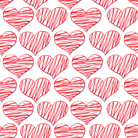 Watercolor red hearts seamless background. Red watercolor heart pattern. Colorful watercolor romantic texture.の写真素材