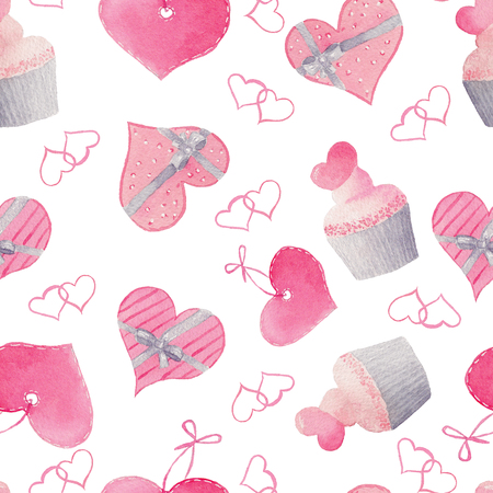 Watercolor seamless pattern with bright pink hearts and cakes. Cute decorative background. Wallpaper for season decoration, wrapping paper.の写真素材