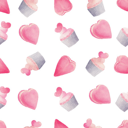 Watercolor seamless pattern with bright pink hearts and cakes. Cute decorative background. Wallpaper for season decoration, wrapping paper.の写真素材