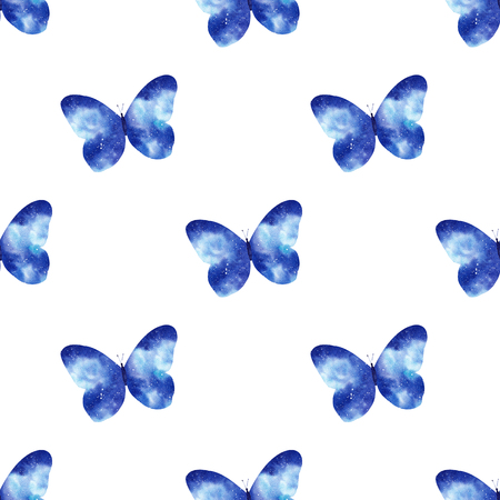 Watercolor seamless pattern with bright galaxy butterflies. Cute decorative background. Wallpaper for season decoration, wrapping paper.の写真素材