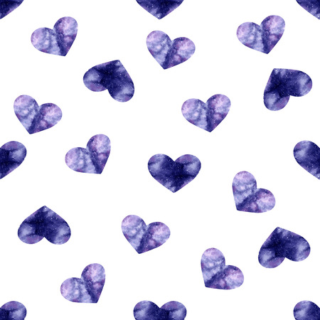 Watercolor seamless pattern with bright galaxy hearts. Cute decorative background. Wallpaper for season decoration, wrapping paper.の写真素材