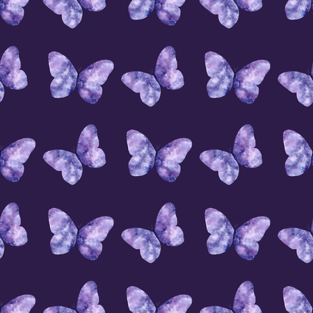 Watercolor seamless pattern with bright galaxy butterflies. Cute decorative background. Wallpaper for season decoration, wrapping paper.の写真素材