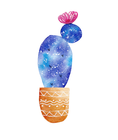 Watercolor galaxy handpainted cactus plant isolated on white background. Cute clipart flowering cactus.Perfect for your project, cover, wallpaper, pattern , gift paper, wedding invitation.の写真素材