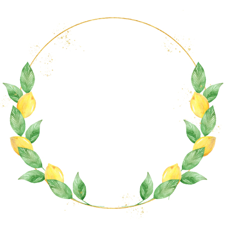 Watercolor greenery lemon frame in green and gold colors. Frame, border, background. Elegant illustration with place for your text. Perfect for greeting card, wedding invitatin, etcの写真素材