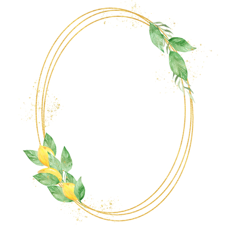 Watercolor greenery lemon frame in green and gold colors. Frame, border, background. Elegant illustration with place for your text. Perfect for greeting card, wedding invitatin, etcの写真素材