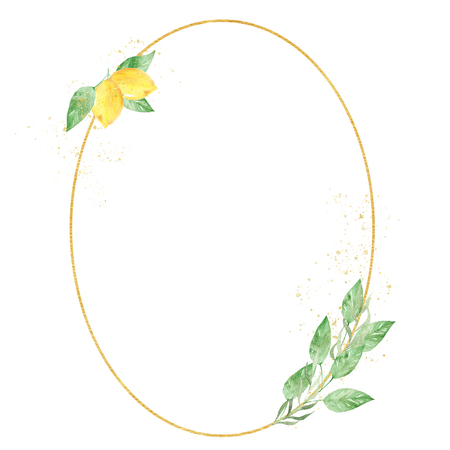 Watercolor greenery lemon frame in green and gold colors. Frame, border, background. Elegant illustration with place for your text. Perfect for greeting card, wedding invitatin, etcの写真素材