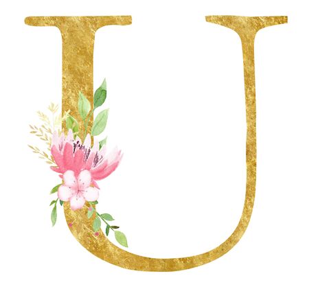 Latin U letter with blossom raster illustration. Initial alphabet symbol with golden texture. Realistic vowel with beautiful rose and lotus watercolor painting. Natural logo design elementの写真素材