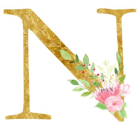 Golden initial N letter raster illustration. Latin alphabet sign with beautiful pink flowers and leaves watercolor painting. Cardboard consonant with flowering. Floral logo isolated design elementの写真素材