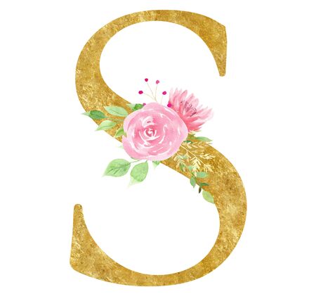 Initial S symbol with blossom raster illustration. Creative alphabet letter with blooming flowers watercolor painting. Botanical consonant with golden texture. Natural logo isolated design elementの写真素材