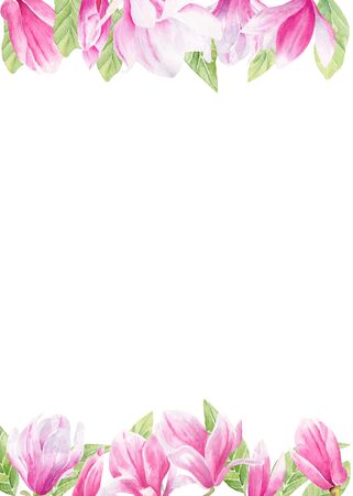 Magnolia bloom watercolor hand drawn raster frame template. Blossoming flower border for text. Valentines day floral postcard. Eastern, exotic greenery isolated wedding invitation design elementsの写真素材