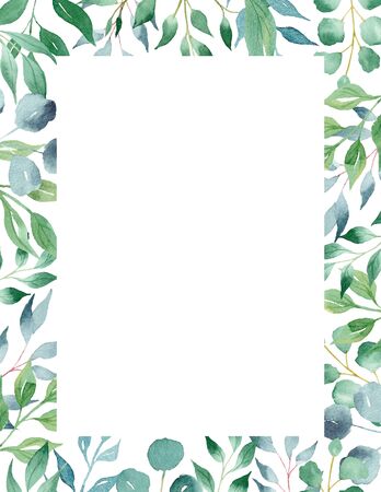 Greek olive tree watercolor hand drawn raster frame template. Laurel branches with copy space. Summertime greenery photo decor. Natural banner, poster isolated design elementの写真素材