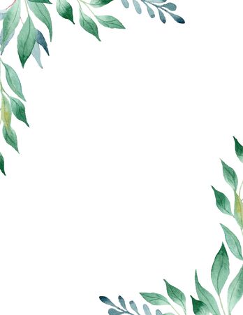 Green leaves watercolor hand drawn raster frame template. Olive branches corners with copy space. Floral illustration postcard. Wedding invitation with natural elements isolated designの写真素材