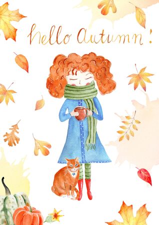 Autumn season watercolor raster banner, greeting card template. Fall hand drawn poster, postcard layout. Little girl in scarf character. Child with cat holding cup illustration with calligraphyの写真素材