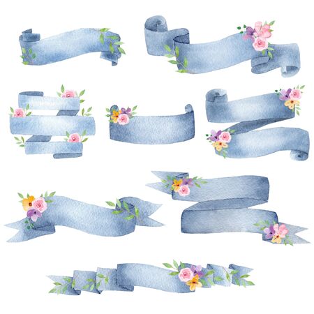 Blue ribbons with flowers watercolor raster illustrations set. Decorative blank banner strips with floral buds. Beautiful premium tape emblems isolated on white background. Botanical design elementsの写真素材