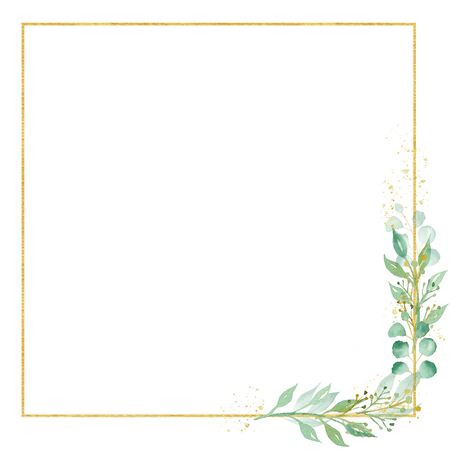 Decorative floral square frame watercolor raster illustration. Rectangular thin border with copy space. Creative invitation, greeting card, postcard watercolor design element. Gold line with foliageの写真素材