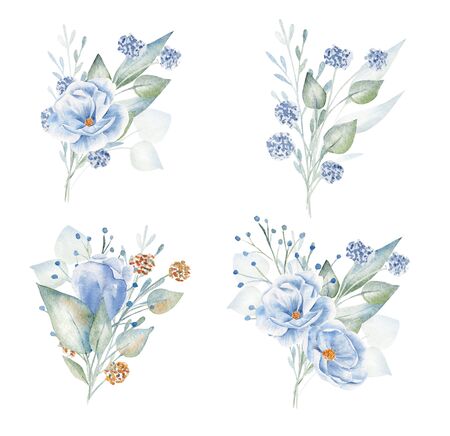 Blue and red flowers hand drawn aquarelle illustrations set. Flourish compositions, boutonnieres pack. Decorative flax and hydrangea watercolor drawings collection isolated on white backgroundの写真素材