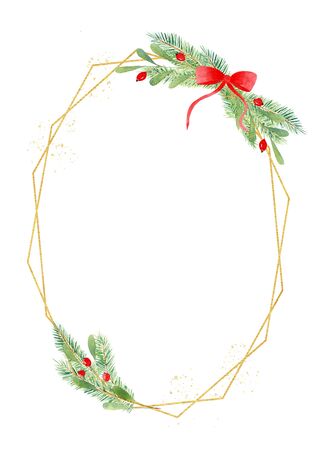 Oval shape frame hand drawn watercolor illustration. Christmas composition with botanical decoration elements. Festive border with ilex, holly, mistletoe, red berries and ribbon bowの写真素材