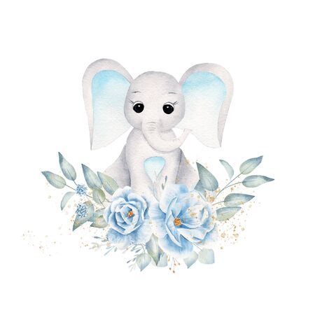 Baby elephant with blue flowers and leafage hand drawn raster illustration. Cute animal boy and bouquet isolated watercolor composition. Aquarelle elephant calf with botanical elementsの写真素材