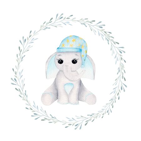 Sleepy baby elephant in floral frame hand drawn raster illustration. Animal boy and plant branches with leaves isolated watercolor composition. Elephant calf with nightcap in aquarelle circular frameの写真素材