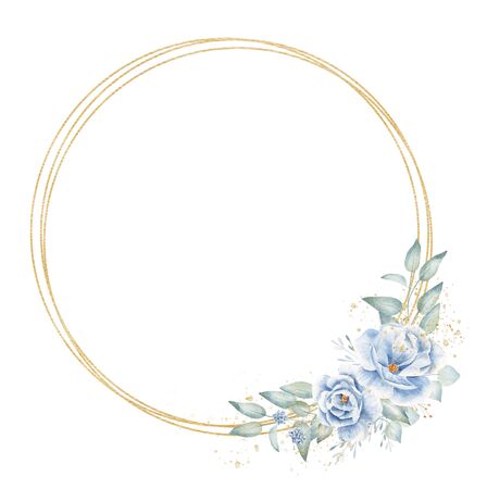 Triple circular floral border hand drawn raster illustration. Golden circles and plant twigs with flowers isolated watercolor composition. Blank aquarelle frame with decorative botanical elementsの写真素材