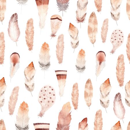 Hand painted watercolor feathers seamless pattern. Boho digital paper. Illustration on white background.の写真素材