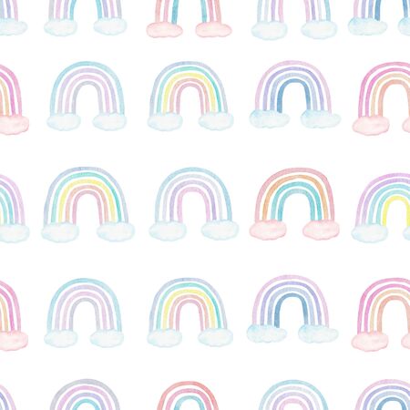 Watercolor hand painted seamless pattern, pastel color rainbow and clouds clipart set. Kids illustration.の写真素材