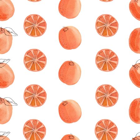 Red orange fruit digital paper. Seamless pattern watercolor illustration. Summer clipart.の写真素材
