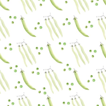 Peas vegetable digital paper. Seamless pattern watercolor clipart. Handmade illustration isolated on white background. Scrapbooking graphics, wallpaper, kitchen decor.の写真素材