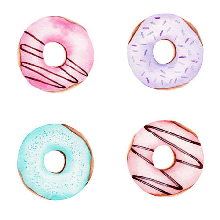 Donuts hand drawn watercolor clipart isolated in white.の写真素材