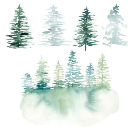 Watercolor hand painted winter landscape with pine trees in the mountains. Christmas pine tree clipart. Graphics for diy, scrapbooking, packaging, fabric, textile, invitations, cards.の写真素材