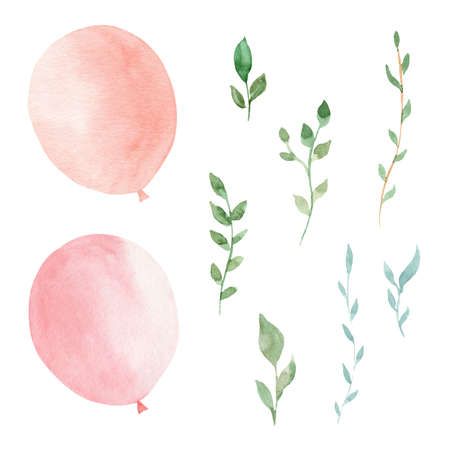 Watercolor pink balloons and greenery leaves. Hand painted clipart set. Illustrations for party invitation, greeting cards, baby shower, kids nursery room design, diy scrapbooking.の写真素材