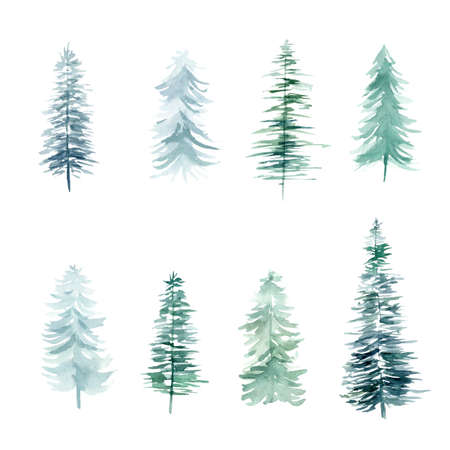 Pine trees watercolor clipart isolated on white background. Winter Christmas hand painted illustration. Perfect for diy projects, scrapbooking, packaging, textile, fabric, xmas cards, invitations.の写真素材