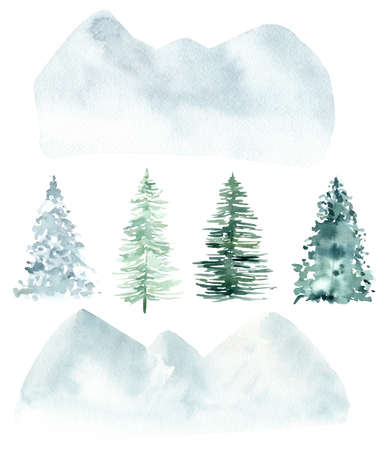 Watercolor pine trees and abstract woodland mountains isolated on white background. Winter Christmas clipart. Hand painted graphics for invitations, cards, packaging, diy.の写真素材