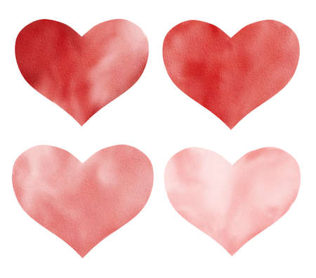Red hearts set isolated on white. Watercolor clipart. Hand painted illustration for valentine cards, love graphics, invitations, gift certificate, DIY projects.の写真素材