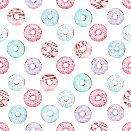Sweet donuts digital paper watercolor clipart. Seamless pattern illustration. Graphics for diy, scrapbooking, wallpaper, textile, kitchen decor.の写真素材