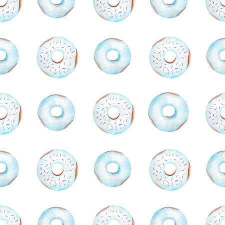 Donuts seamless digital paper. Hand painted watercolor clipart. Perfect for diy, scrapbooking, wallpaper, textile, kitchen decor.の写真素材