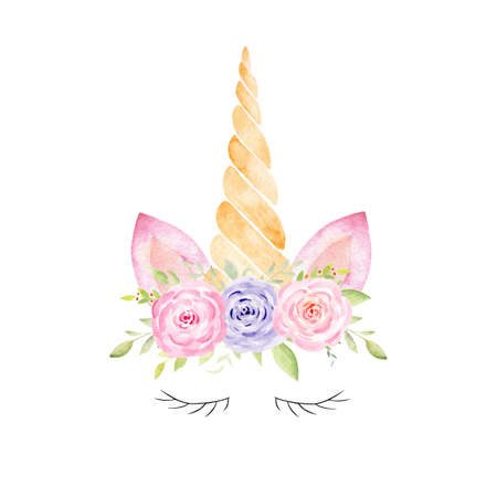 Unicorn head fantasy watercolor clipart. Hand drawn illustration. Kids fantasy graphics for nursery, baby shower, fabrics.の写真素材