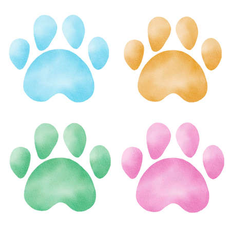 Hand painted watercolor paw prints. Pastel color footprints clipart for wallpaper, kids graphics, DIY projects.の写真素材