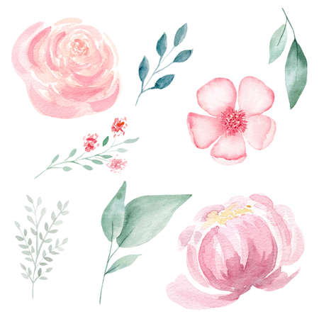 Set of hand painted pink watercolor flowers and greenery leaves.の写真素材