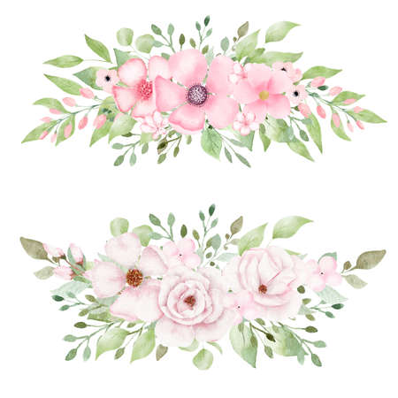 Watercolor bouquet of pink flowers and leavesの写真素材
