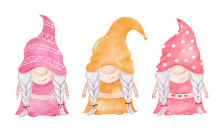 Pink and Yellow Watercolor Easter Gnome Clipartの写真素材