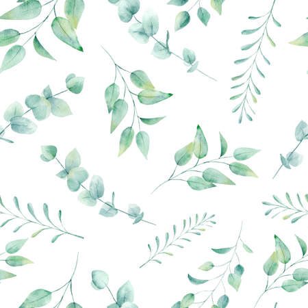 Watercolor seamless pattern with tropical leaves: palms, monstera. Beautiful allover print with hand drawn exotic plants.の写真素材