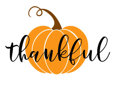 Vector autumn quote thankful with autumn pumpkin isolated on white background.のイラスト素材
