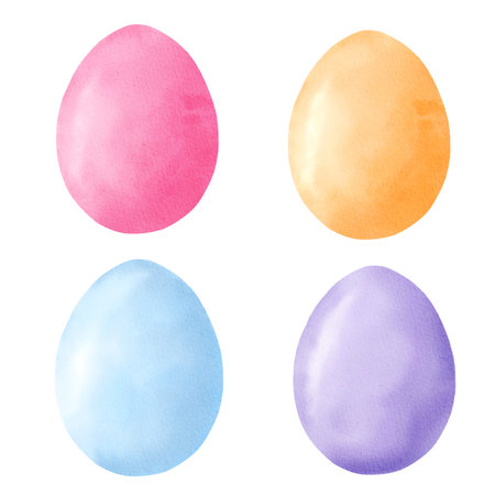 Set of watercolor Easter eggs isolated on white backgroundsの写真素材