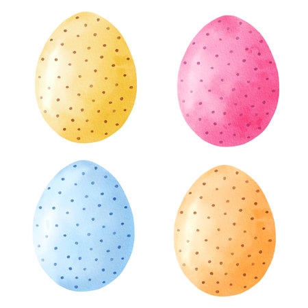 Set of watercolor Easter eggs isolated on white backgroundsの写真素材