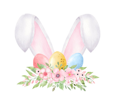 Watercolor Easter Bunny ears with flowers and eggs isolated on white background. Rabbit ears. Hand painted watercolor cartoon illustration.の写真素材