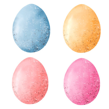 Set of watercolor Easter eggs isolated on white backgroundsの写真素材